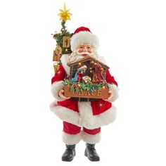 a santa clause holding a small christmas tree and presents in his hand, with the word peace written on it