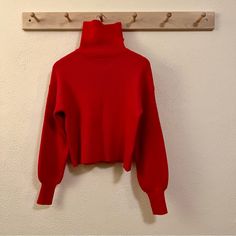 This Gorgeous Knit Red Sweater Is A Little Too Small For Me, I Like A More Oversized Fit And I Am More Of A Medium. This Sweater Would Fit A True Small Or Extra Small Person Well. Easy To Dress Up Or Down. Never Worn And In Excellent Condition. Acrylic Material But Very Soft And Cozy 19” Armpit To Armpit 27” Long Red Knit Tops With Ribbed Cuffs, Red Crew Neck Sweater Solid Color, Red Winter Sweater With Ribbed Cuffs, Trendy Red Knitted Outerwear, Red Crew Neck Sweater With Solid Color, Cozy Fitted Red Tops, Red Solid Color Crew Neck Sweater, Cozy Red Fitted Tops, Red Soft Knit Turtleneck Sweater