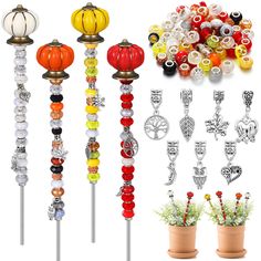 several different types of glass beaded items in pots and vases with plants on them