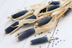 corn on the cob with kernels scattered around it sitting on a white wooden surface