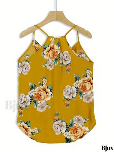 Bjux - Womens Floral Print Dipped Hem Cami Top - Elegant and Versatile Sleeveless Summer Cami Printed Stretch Tank Top For Summer, Printed Halter Neck Tank Top For Summer, Yellow Floral Print Tank Top For Spring, Summer Floral Print Halter Neck Tank Top, Summer Sleeveless Halter Top For Brunch, Summer Yellow Floral Print Tank Top, Stretch Floral Print Summer Tank Top, Summer Halter Neck Tank Top With Floral Print, Stretch Floral Print Tank Top For Summer