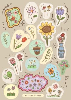 various flowers and plants are drawn on paper