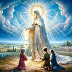 an image of the virgin mary and three children sitting on a path with clouds in the background