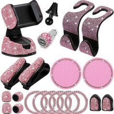 pink and black car accessories including steering wheel covers, center console cover, brake pads, pedals