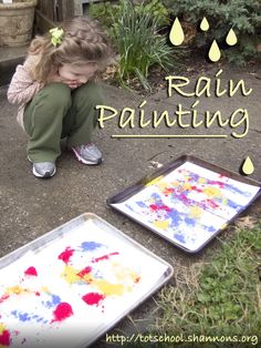 Rain Painting Reggio Weather Activities, Forest School Water Activities, Messy Outdoor Art For Kids, Powder Paint Activities, Painting With Rain, Nature Learning Activities Preschool, Rain Painting Ideas, Weather Eyfs, Rain Activities