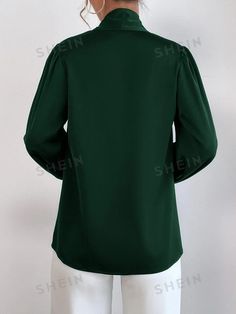 SHEIN BAE Blusa de satén de cuello con cordón de manga obispo | SHEIN USA Bishop Sleeve Blouse, Bishop Sleeve, Cat Names, Cool Names, Fashion Online Shop, Online Fashion, Emerald Green, All Fashion, Men's Clothing