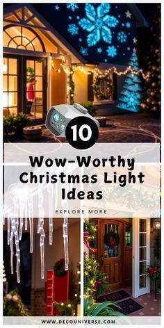 the words wow - worthy christmas light ideas are displayed in front of a house with snowflakes on it