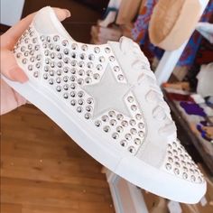 Brand New From Boutique Run True To Size! White Sneakers With Studded Rubber Outsoles For Summer, White Sneakers With Studded Outsoles For Summer, Trendy Spiked Sneakers, Casual White Sneakers With Spikes, White Low-top Sneakers With Star Print, White High-top Sneakers With Star Print, Star Sneakers, Wedding Sneaker, Womens Shoes Sneakers