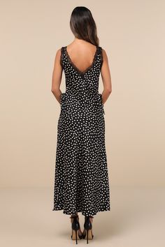 You'll be known for creating the cutest outfits when you have a winner like the Lulus Darling Reputation Black Polka Dot Lace Sleeveless Midi Dress in your wardrobe! Sleek, lightweight woven fabric boasts a classic polka dot pattern throughout as it shapes this sweet dress that features lightly gathered cups, a V-neck (and back), and wide shoulder straps. Sheer floral lace trims the neckline and straps and creates a high, empire-style waist, atop a slip-inspired silhouette with tying bow details Sleeveless Polka Dot Maxi Dress For Party, Polka Dot Sleeveless Maxi Dress For Party, Elegant Sleeveless Polka Dot Maxi Dress, Sleeveless Polka Dot Chic Maxi Dress, Cutest Outfits, Neutral Dresses, Sleeveless Midi Dress, Lace Trims, Empire Style