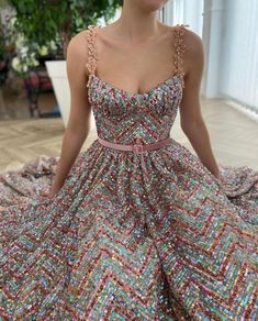 Rainbow Sequined Dress | Teuta Matoshi Teuta Matoshi Dresses, Matoshi Dress, Teuta Matoshi, Sequined Dress, Dress Shapes, Beautiful Gowns, Fancy Dresses, A Dress, Dream Dress