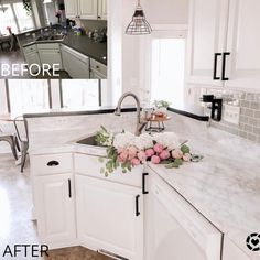 before and after photos of a kitchen countertop with white cabinets, marble countertops, and flowers on the sink