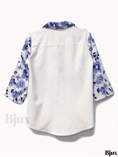 Bjux - Womens Floral Print Vacation Shirt: Stylish 3/4 Sleeve Button Front Shirt with Collar for Effortlessly Chic Look White Half Sleeve Top With Button Closure, White Half Sleeve Blouse With Buttons, Summer Floral Print Shirt With 3/4 Sleeves, 3/4 Sleeve Shirt With Floral Print For Spring, Floral Print Shirt With 3/4 Sleeve For Spring, White Long Sleeve Blouse With Rolled Sleeves, White Printed Half Sleeve Blouse, White Blouse With Rolled Long Sleeves, White Floral Print Blouse With 3/4 Sleeves