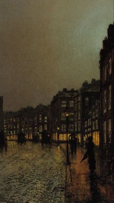 a painting of people walking down the street in the rain at night with buildings on either side