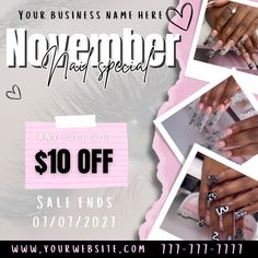 DISCLAIMER: some flyers may require canva pro. You can switch out the premium element with a different free element or keep them and pay the $3 fee for canva 1 time use.November nail special template| editable template| nail flyer| canva nail flyer| Canva template | service special | booking flyer| pink nail flyer | pink and white nail flyer | nail tech flyer Nail Sale Flyer, Nail Tech Flyer Ideas, Nail Promotions Ideas, Nail Flyer Ideas, Nail Special Flyer, Nail Tech Flyer, November Nail