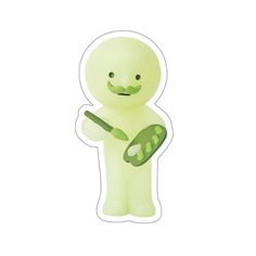 a green sticker with an image of a person holding a knife and pointing at it