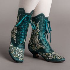 PRE-ORDER Flora Women's Embroidered Boots (Emerald Green) Satin Boots, Bata Shoes, American Duchess, Victorian Boots, Glamour Vintage, Oxford Pumps, Dr Shoes, Embroidered Boots, Oxford Boots