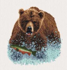 a cross stitch picture of a bear with a fish in it's mouth, on a white background