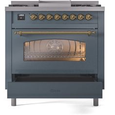 a blue oven with two burners and gold trimmings on the front, against a white background