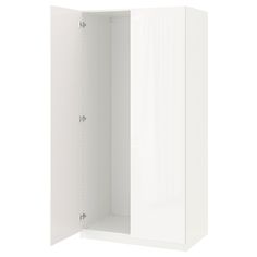 a white cabinet with two doors open on the side and one door closed to reveal something