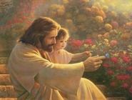 a painting of jesus holding a child in his arms