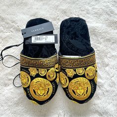 Nwt!!! Versace Unisex Home Slippers Size 37/38 Eu Authentic New Condition With Tags . Comes With Dust Bag . 100 % Authentic. Designer Black Round Toe Slippers, Designer Black Slippers With Round Toe, Versace Towels, Versace Slippers, Versace Slides, Versace Pink, Versace Gold, Pink Slippers, Versace Shoes