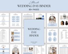 the wedding day binder is shown in blue and white, with photos on it