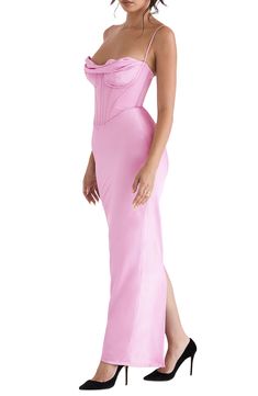 Be the highlight of every glam event in this stunning corset dress cut from silky satin in a curvaceous silhouette for an elegantly seductive look. Exclusive retailer 59 1/2" length Cowl neck Spaghetti straps Polyester/elastane Dry clean Imported House Of Cb Charmaine, Wedding Champagne Bar, Corset Maxi Dress, Corset Midi Dress, Pink Corset, Long Bodycon Dress, Tassels Fashion, Maxi Dress Prom, Cowl Neckline