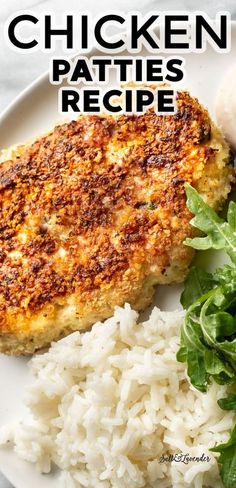 chicken patties with rice and greens on a plate