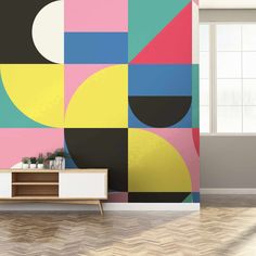 an abstract wall mural in a living room