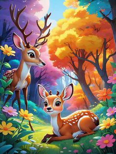 two deer in the woods with flowers and trees