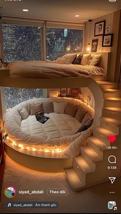 two bunk beds with lights on them in a bedroom next to a window and stairs