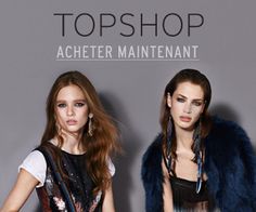 two beautiful women standing next to each other in front of a gray background with the words topshop on it