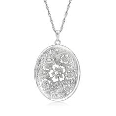 Ross-Simons - Single-Initial - Sterling Silver Floral Locket Necklace. Etched with a scrolling floral motif, our sterling silver oval locket has the aura of a vintage-style keepsake. Make it meaningful with a FREE engraving on the back of a single initial in your choice of block or script type. Suspends from a Singapore chain that adjusts from 24" to choker length. Fits a 1 3/16" x 7/8" photo inside. Lobster clasp, sterling silver personalized locket necklace. Sterling Silver Locket Necklace, Floral Pendant Necklace, Oval Locket, Sterling Silver Locket, Detailed Necklace, Silver Locket, Gifts For Your Sister, Locket Pendant Necklace, Script Type