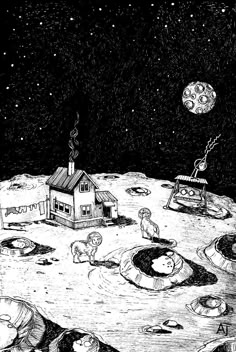 an illustration of people on the moon with houses and other objects in the foreground