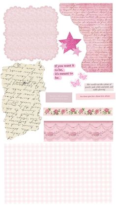 some pink paper with different designs and words on the bottom, along with an image of a