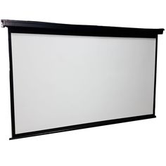 a white projection screen mounted to the side of a wall with black trimmings