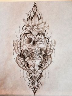 a drawing of a skull with flowers on it