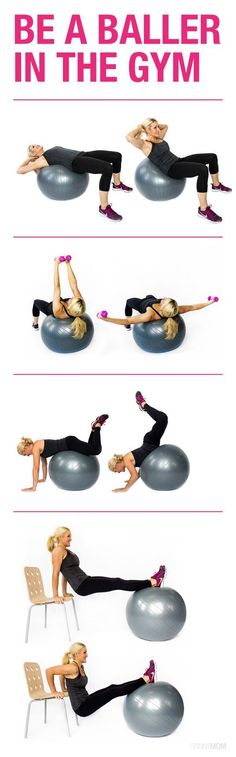 a woman doing exercises on an exercise ball with the words be a baller in the gym