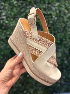 Beige and raffia wedge heel with open toe and criss cross detail Fit: True to size *ALL shoes are shipped out of box!* Wedge Heels, Criss Cross, Sale Items, Open Toe, Wedges, Sunglasses, Heels