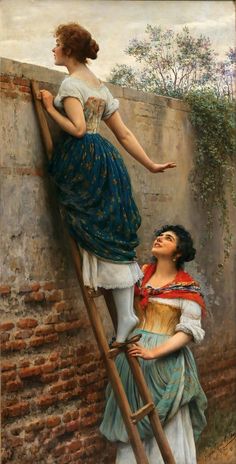 a painting of two women climbing up the side of a wall