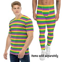 Striped Mardi Gras purple, green yellow printed parade activewear men's meggings pants, long sleeve rash guard shirt , short sleeve t-shirt (ITEMS ARE SOLD SEPARATELY).  Super soft, stretchable  and comfortable pants and tops. Great for Fat Tuesday celebration, New Orleans parade, running marathon, surfing (rush guard and megs), workout, as a gift, sports or as a comfortable everyday wear.  Rash guard shirt and meggings are made from premium quality butter soft and comfortable fabric which is st Casual Multicolor Moisture-wicking Leggings, Casual Purple Pants With Moisture-wicking, Casual Purple Moisture-wicking Pants, Striped Pants Men, Men Activewear, Mens Leggings, Legging Outfits, Yellow Print, Pants Men