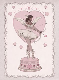 a card with a girl holding a bow and heart on it's back, in the shape of a cupid