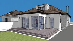 a 3d rendering of a house with an attached deck and patio area in the foreground