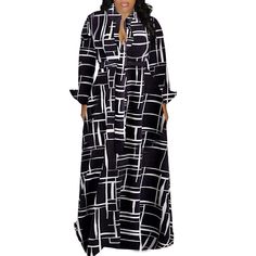 Black Geometric Print Buttoned Shirt Plus Size Dress with Tie Fall Maxi, Mode Casual, Maxi Robes, Types Of Skirts, Black Maxi Dress, Long Maxi Dress, Full Sleeve, Fashion Prints