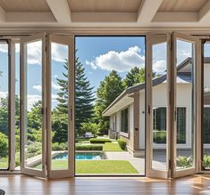 an open patio with sliding glass doors leading to a pool