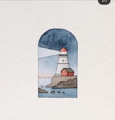 a watercolor painting of a lighthouse in the ocean with a red and white house on it