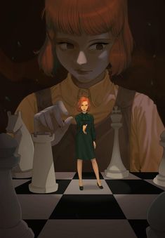 a woman standing on top of a chess board