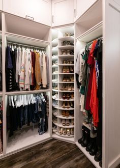 the closet is full of shoes and clothes