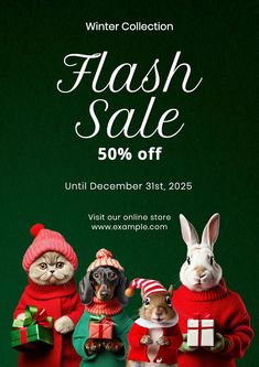 an advertisement for the winter sale with three rabbits in sweaters and hats holding presents