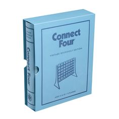 a blue box with the words connect four on it's front and back sides